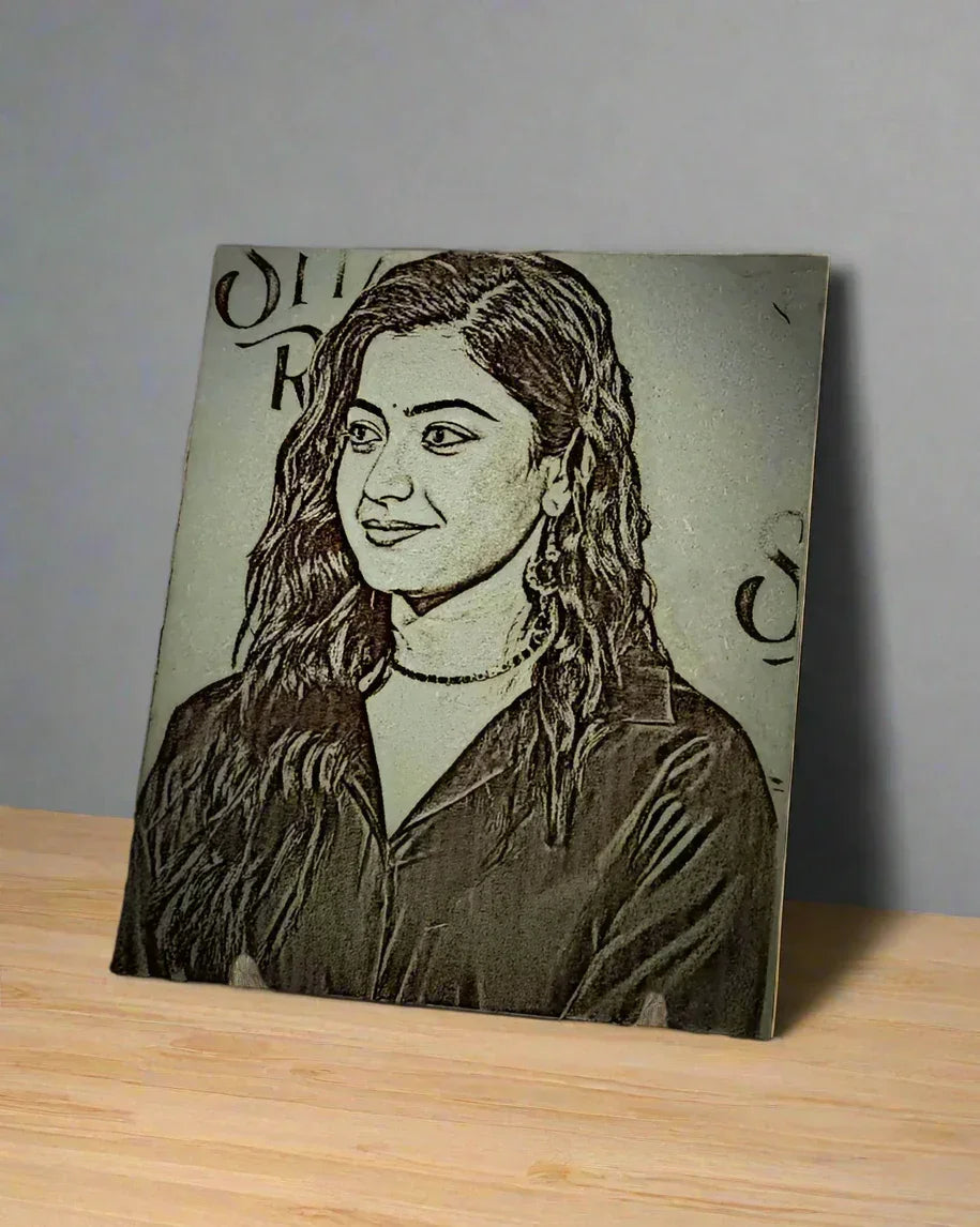 South Indian Siren: Handcrafted Wooden Portraits of Rashmika Mandanna