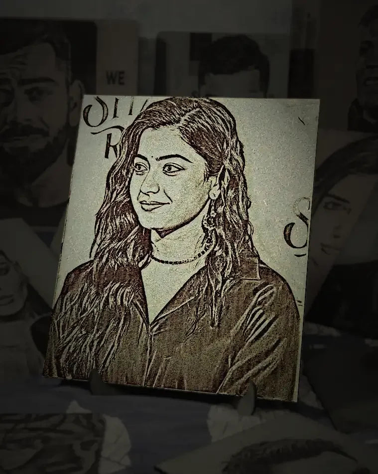 South Indian Siren: Handcrafted Wooden Portraits of Rashmika Mandanna