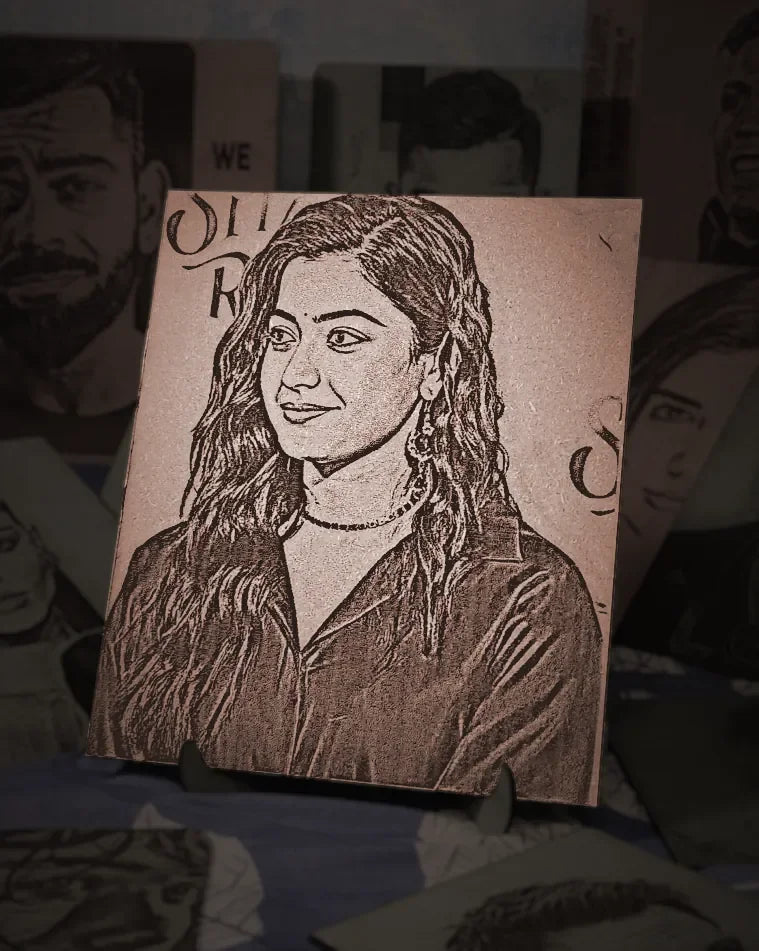 South Indian Siren: Handcrafted Wooden Portraits of Rashmika Mandanna