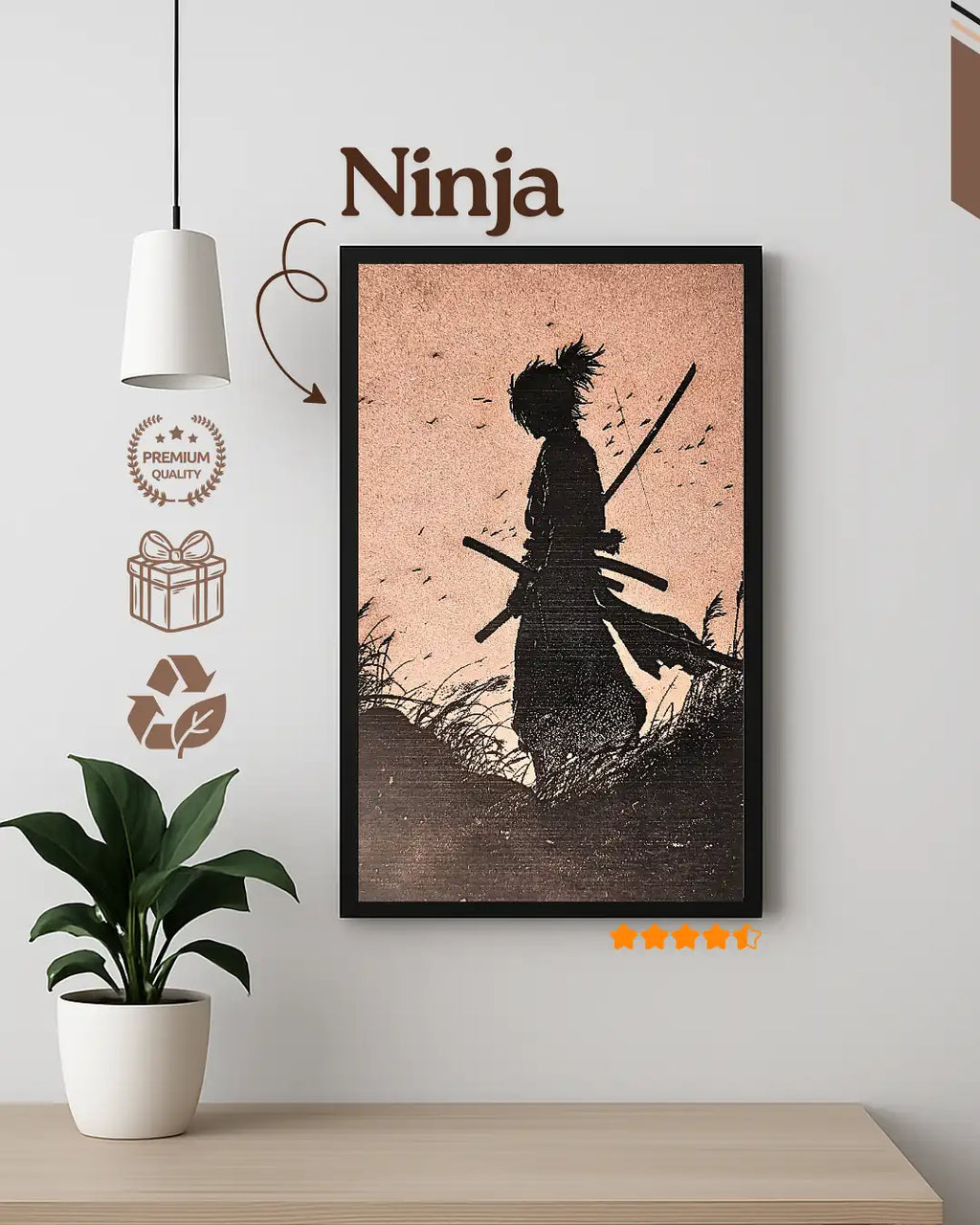 Framed artwork of a ninja silhouette with a sword on a wall above a desk.