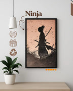 Framed artwork of a ninja silhouette with a sword on a wall above a desk.