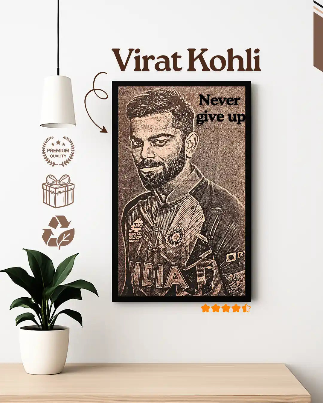 Virat Kohli Sketch Art | Real Wood Engraved Poster