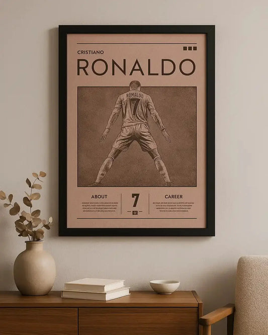 Framed poster of Cristiano Ronaldo on a wall above a wooden cabinet.