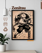 Framed artwork of a character named 'Zenitsu' on a wall with decorative elements.