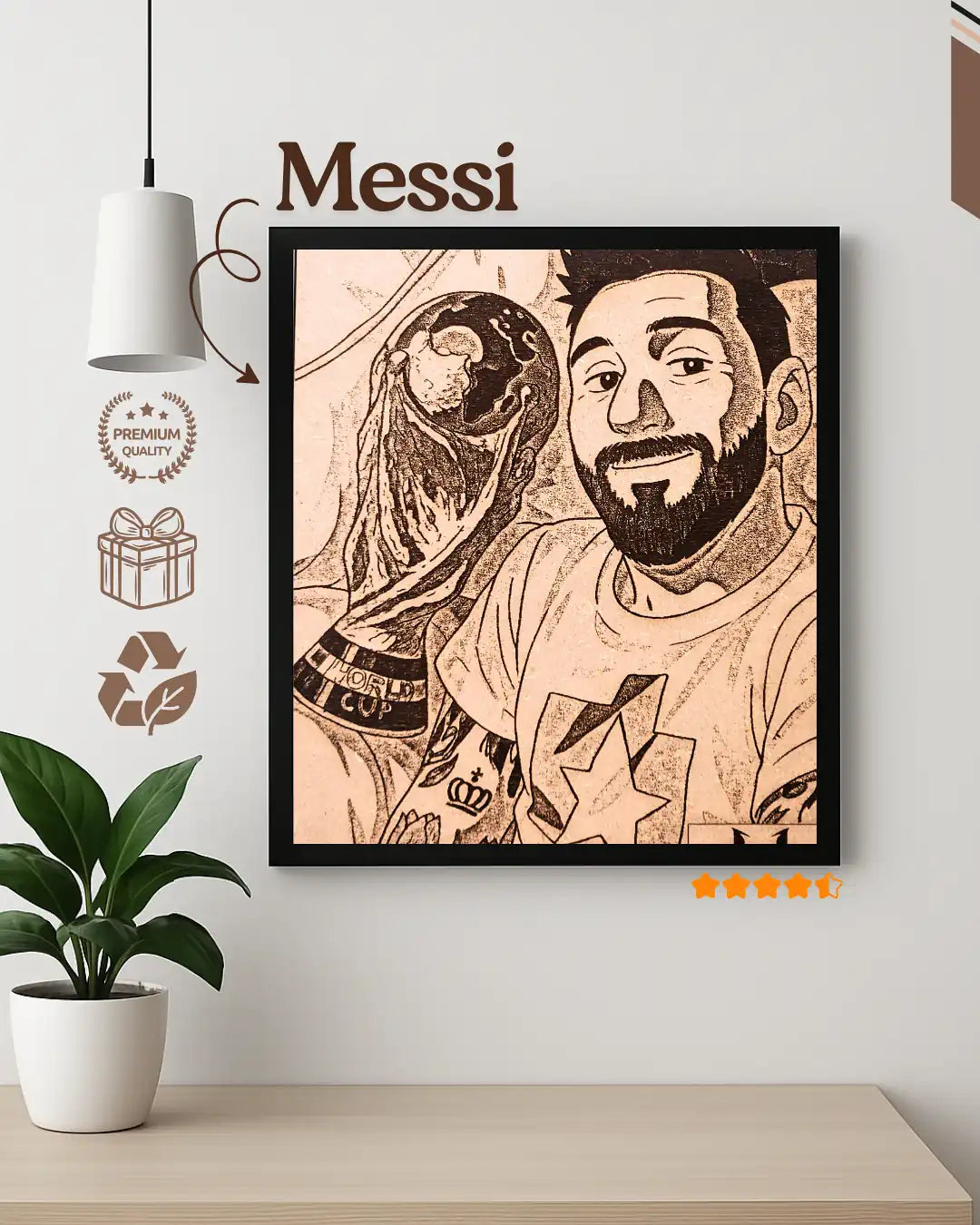 Lionel Messi Sky Pointing Tribute - Football Legend Wood Frame