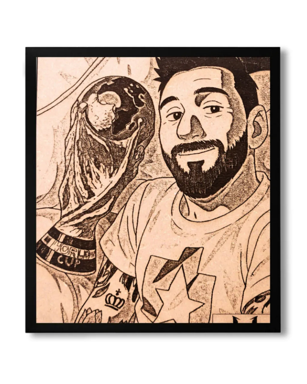 Lionel Messi Sky Pointing Tribute - Football Legend Wood Frame