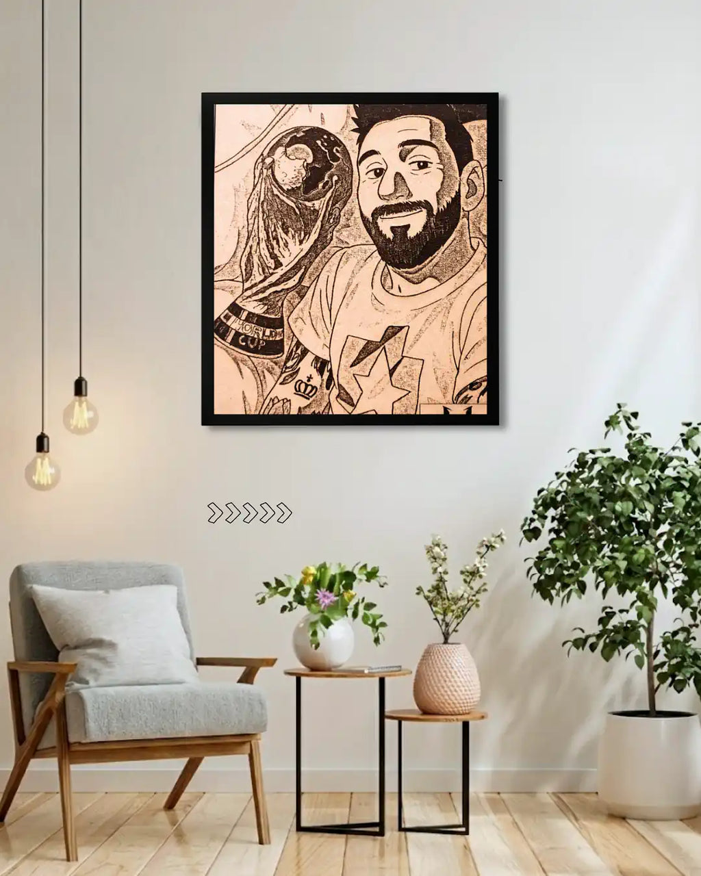 Lionel Messi Sky Pointing Tribute - Football Legend Wood Frame