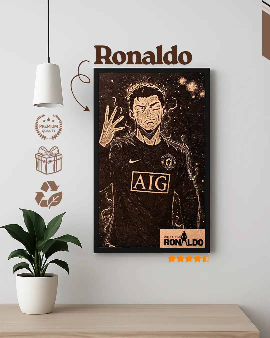 Cristiano Ronaldo Dark Aesthetic - Intense Focus Wood Engraving