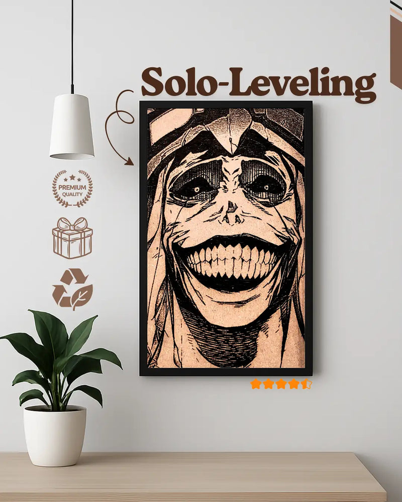Framed artwork with 'Solo-Leveling' text on a wall above a table with a plant.