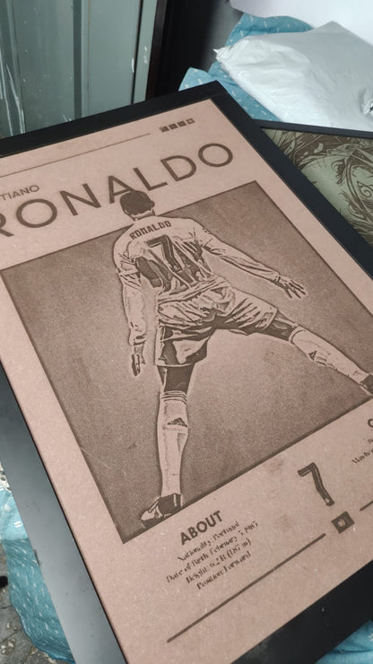 Framed poster of a soccer player with 'Ronaldo' on it, displayed on a surface.