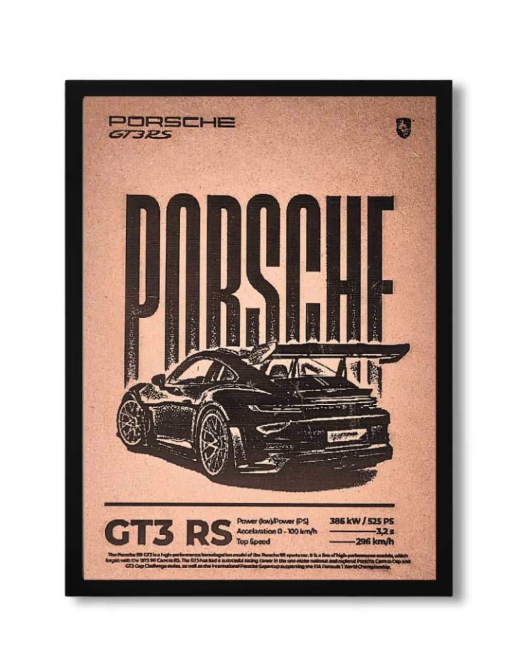 Framed poster of a Porsche GT3 RS with a beige background and black text.
