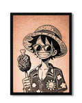 Framed artwork of luffy holding an ice cream cone on a beige background