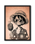 Framed artwork of luffy holding an ice cream cone on a beige background