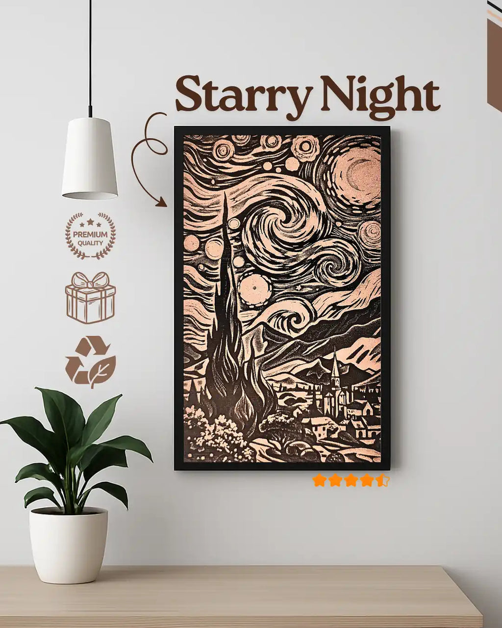 Van Gogh Starry Night - 3D Textured Fine Art Wood Carving