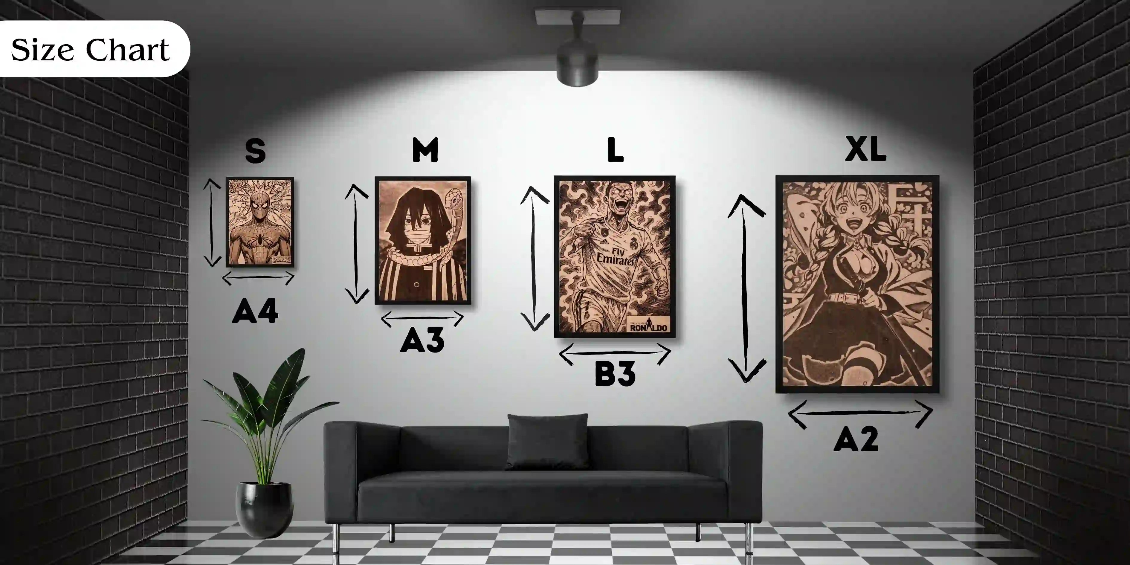 Room interior with framed artworks on the wall, showing size chart labels.
