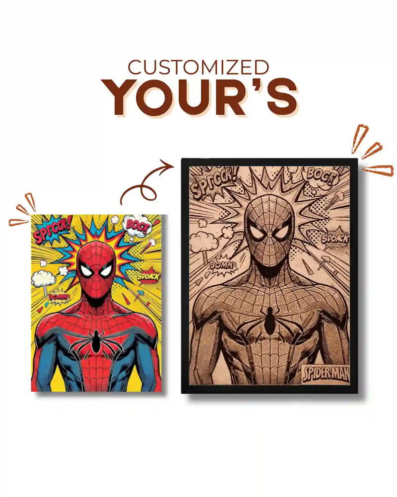 Two Spider-Man posters, one colorful and one black and white, with 'Customized YOUR'S' text above.