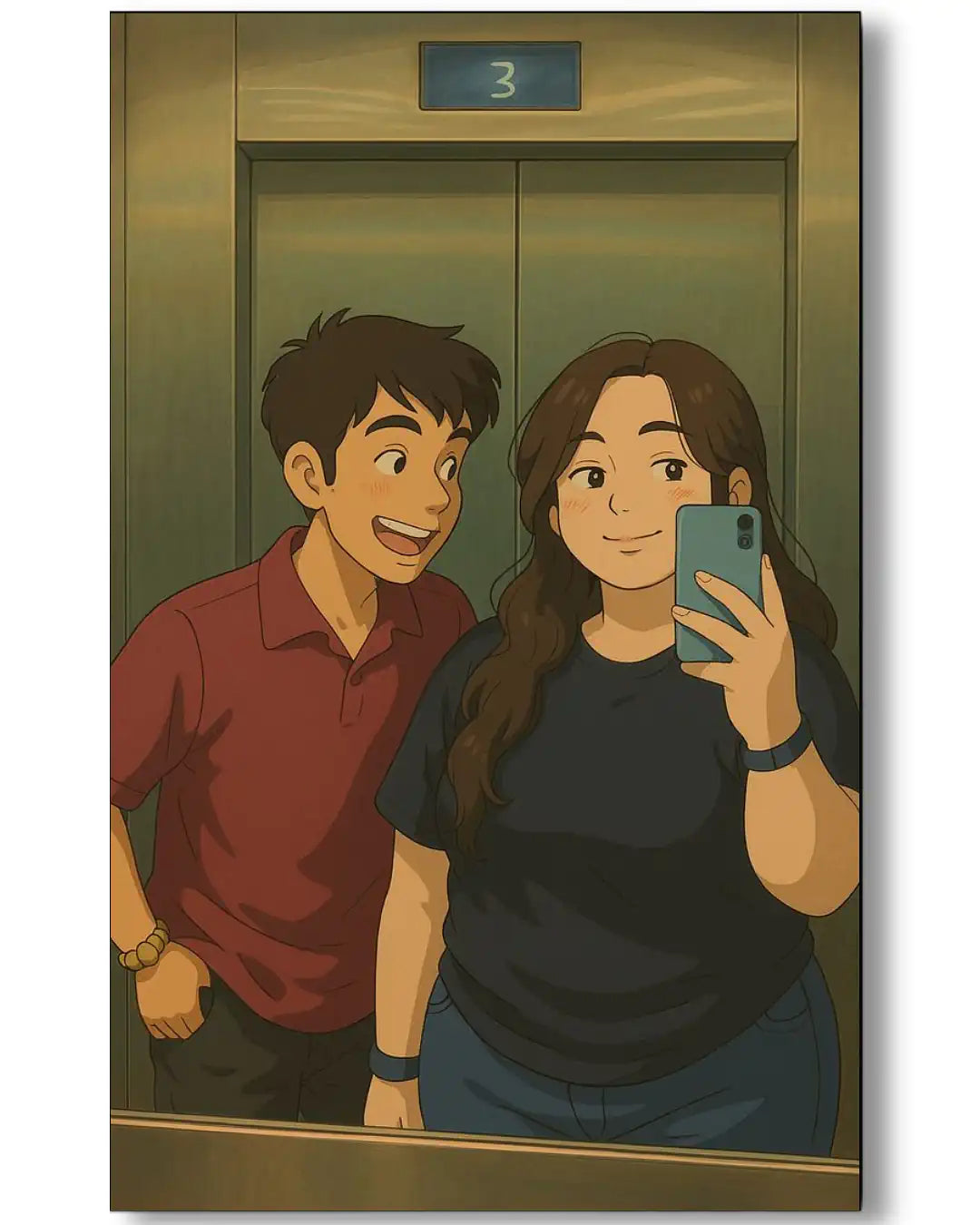 Illustration of a man and woman in an elevator taking a selfie.