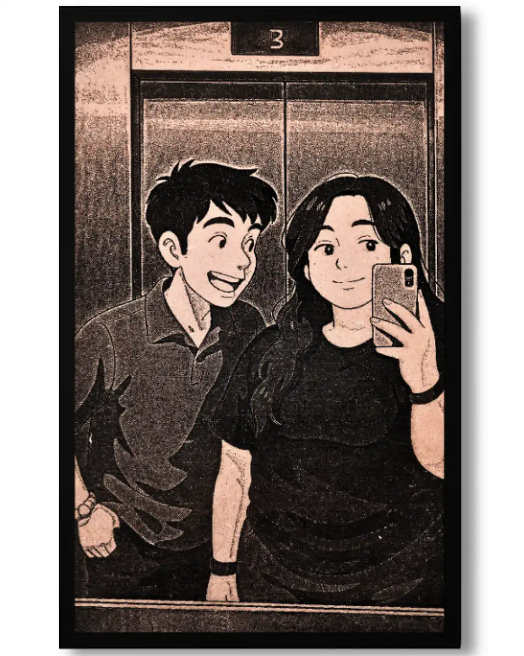 Illustration of two people in an elevator with one taking a selfie.