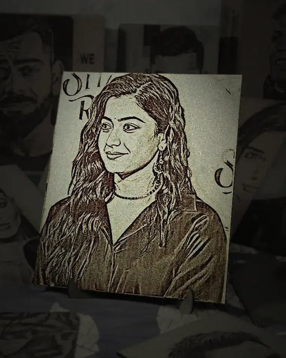 South Indian Siren: Handcrafted Wooden Portraits of Rashmika Mandanna