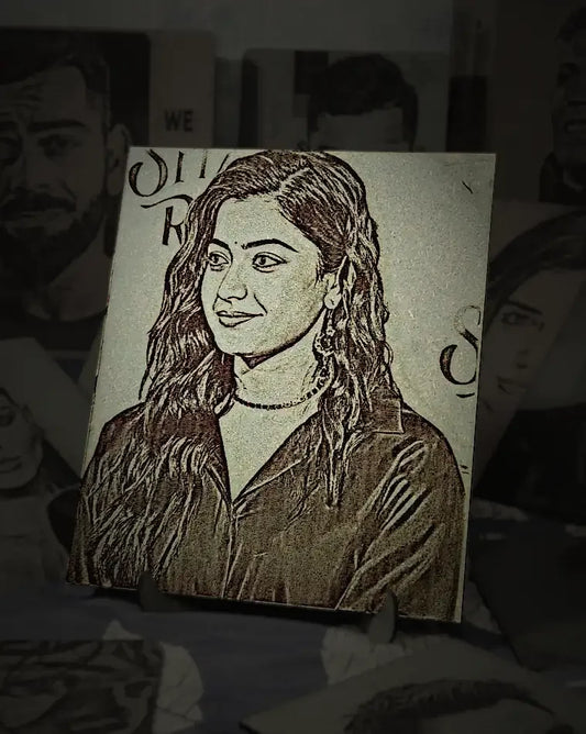 South Indian Siren: Handcrafted Wooden Portraits of Rashmika Mandanna