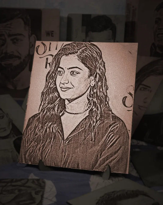 South Indian Siren: Handcrafted Wooden Portraits of Rashmika Mandanna
